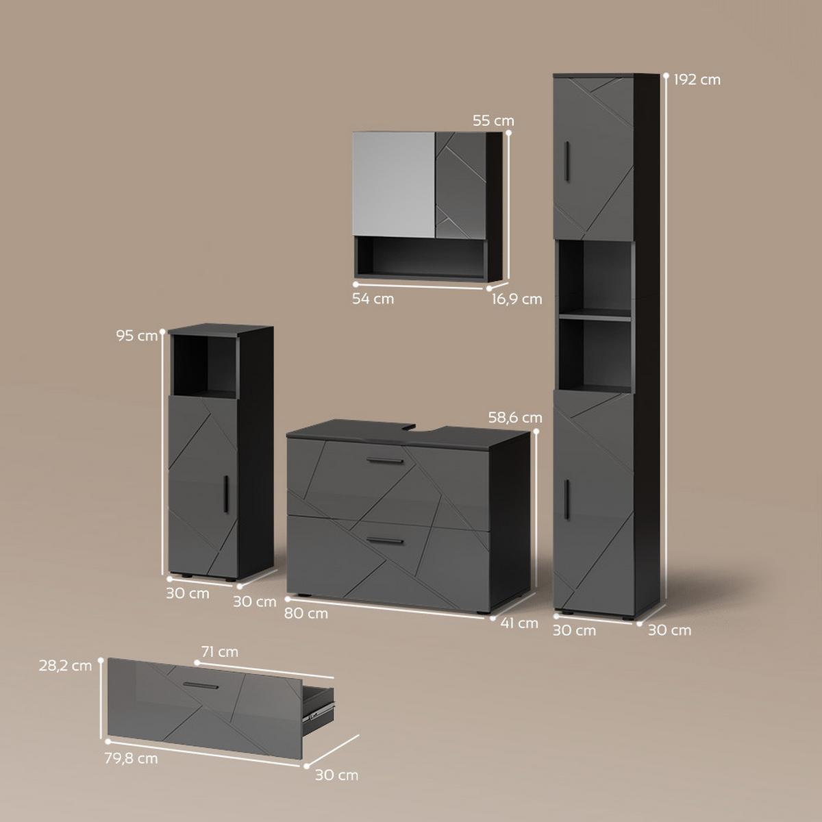 BADMÖBEL-SET Ronco Anthrazit Hochglanz 4 Teile, mit Schubladenschrank und Hochschrank - Schwarz Hochglanz, Holzwerkstoff (80/58/41cm) - Livinity®