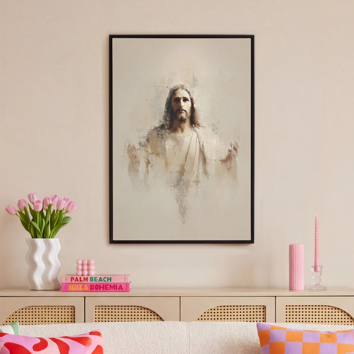 LEINWAND Bilder mit Rahmen - Porträt - Abstrakt - Jesus - Beige - 60x90 - Beige, Textil (60/90cm) - MuchoWow