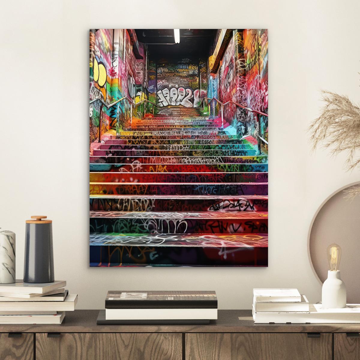 METALLBILD Treppe - Graffiti - Farben - Kunst 30x40 cm - Multicolor, Metall (30/40cm) - MuchoWow