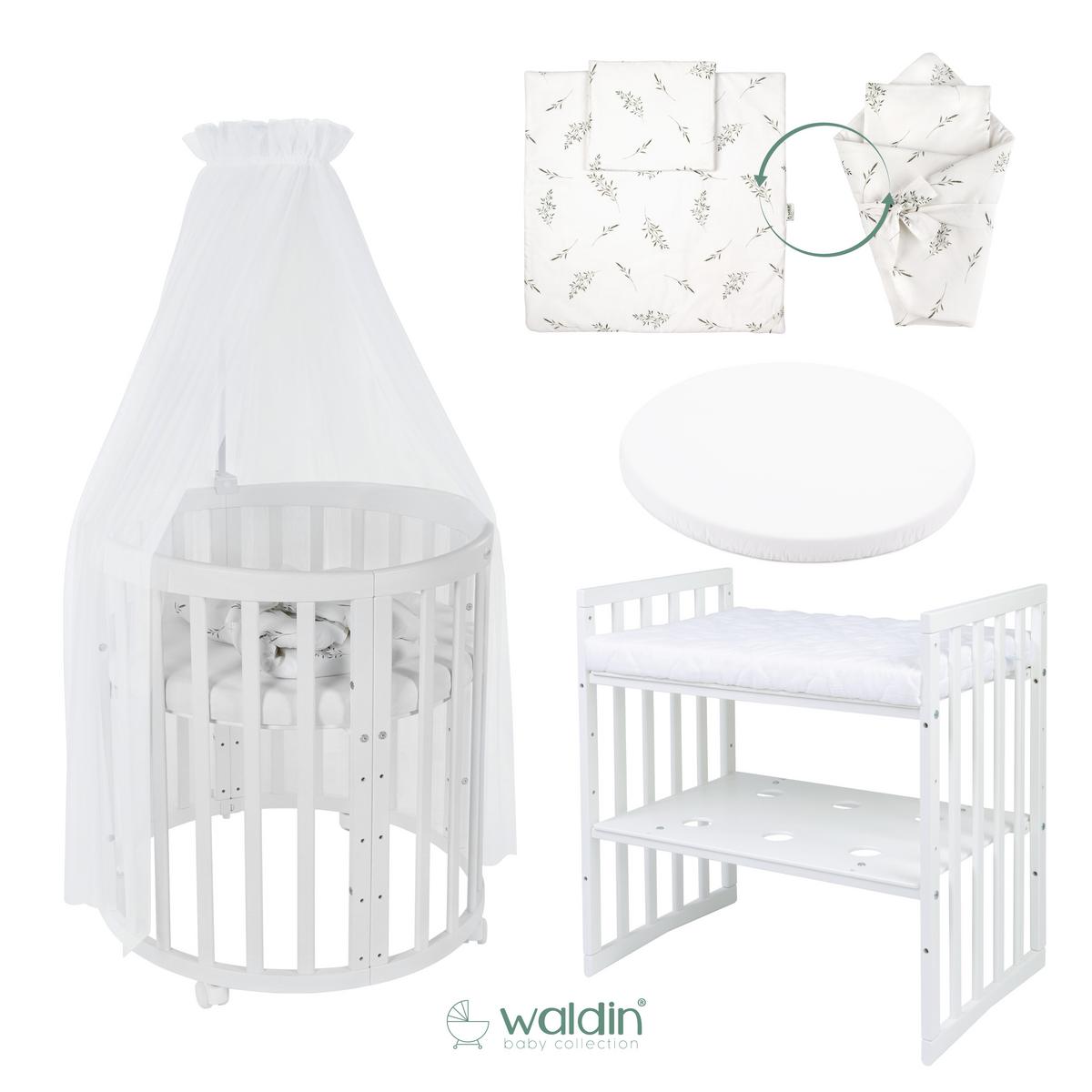 BABYBETT NATUR OVAL 7in1 mit Matratze und Himmelset - Naturfarben/Weiß, Holz/Textil (73/125cm) - waldin