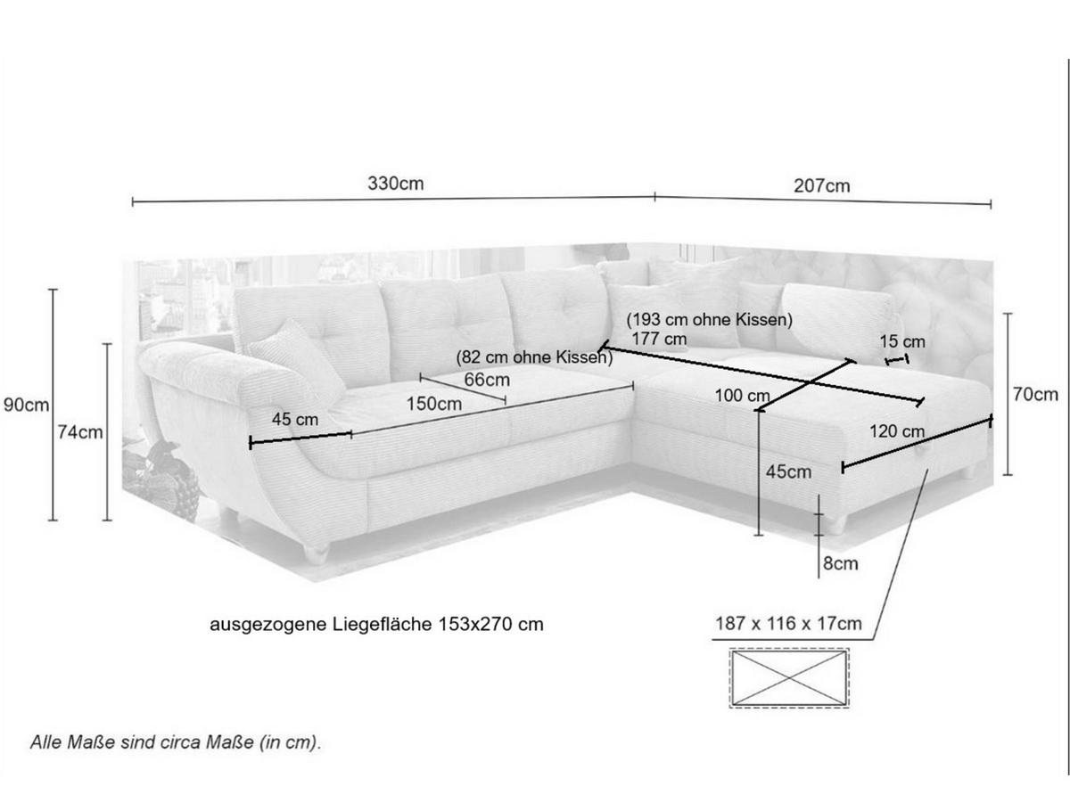ECKSOFA mit Schlaffunktion und großem Bettkasten, seitenverkehrt montierbar B330/T207/H90 cm, Liegefl. 153x270 cm, Mikrofaser Braun / 15231 - Chromfarben/Braun, Kunststoff/Textil (330/207cm) - luma-home