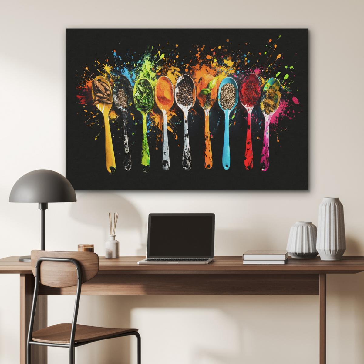 AKUSTIKBILD Löffel - Gewürze - Modern - Graffiti - Farbe - Farbenfroh Akustikpaneele 90x60 cm - Multicolor, Kunststoff (90/60/0.9cm) - MuchoWow