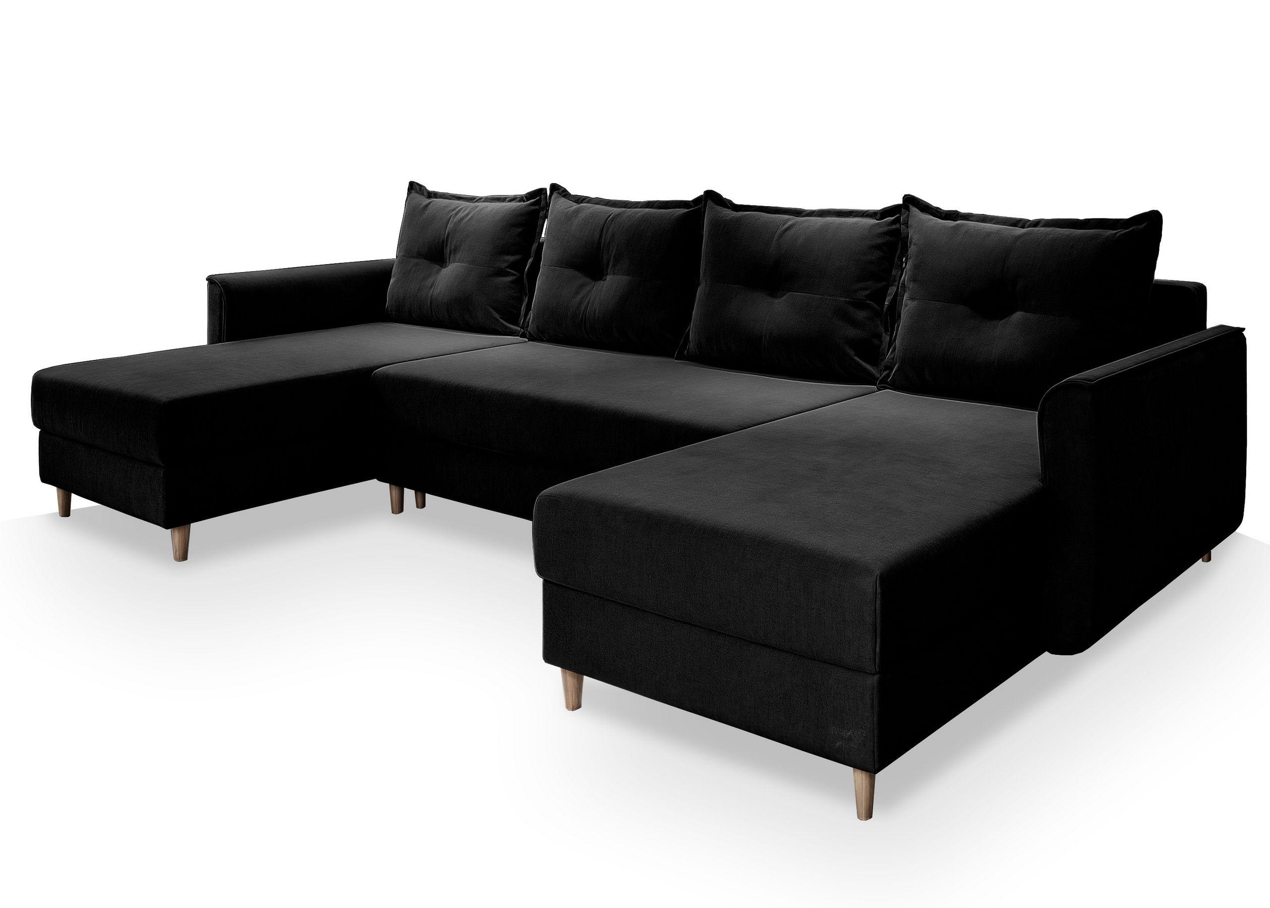 WOHNLANDSCHAFT VERNI Schwarz Plüsch-Stoff mit Schlaffunktion - Schwarz/Braun, Holz/Textil (285/91/143cm) - MASSENO