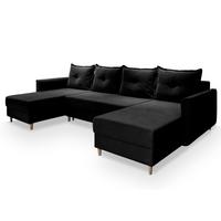 WOHNLANDSCHAFT VERNI Schwarz Plüsch-Stoff mit Schlaffunktion - Schwarz/Braun, Holz/Textil (285/91/143cm) - MASSENO