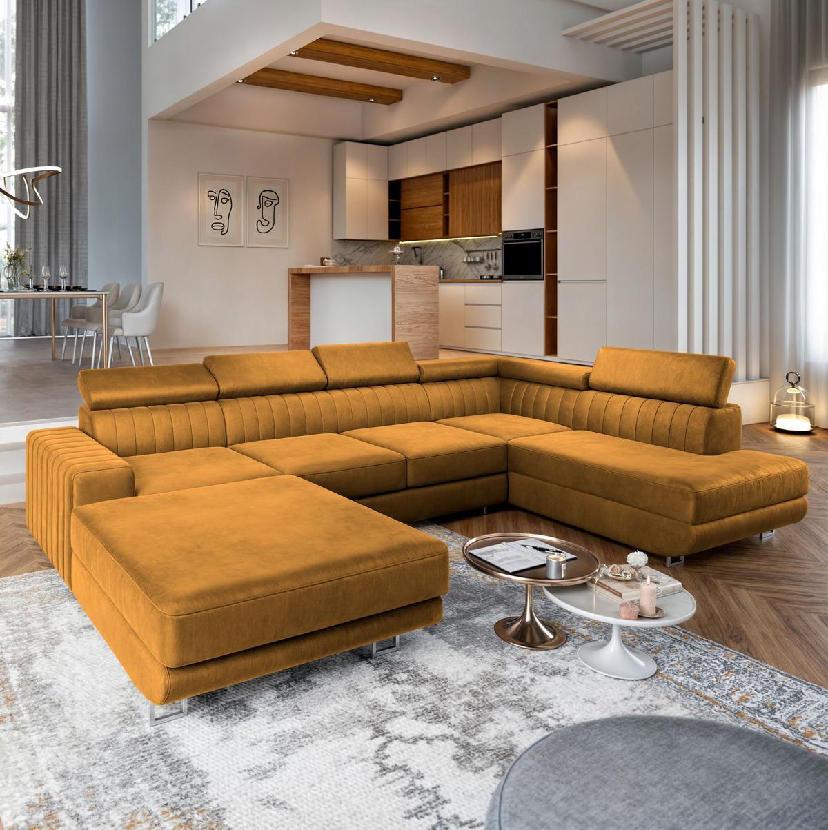 WOHNLANDSCHAFT SIENA R-S Gelb Velours-Stoff mit Schlaffunktion - Gelb/Silberfarben, Holz/Textil (335/89/190cm) - MASSENO
