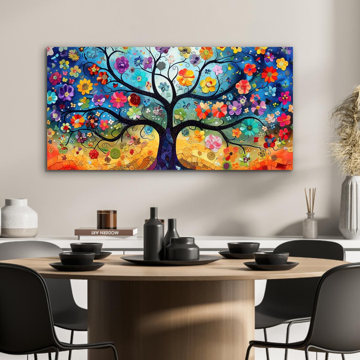 METALLBILD Kunst - Baum des Lebens - Blumen - Hippie 80x40 cm - Dunkelblau, Metall (80/40cm) - MuchoWow