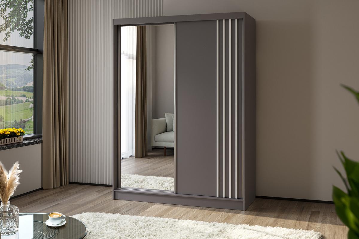 KLEIDERSCHRANK mit Spiegel-Schiebetüren und Aluminium-Leisten, LED-Beleuchtung - NALLA - 160 cm Grau+Grau+Weiß - Weiß/Grau, Holzwerkstoff (160/216/61cm) - ALTDECOR