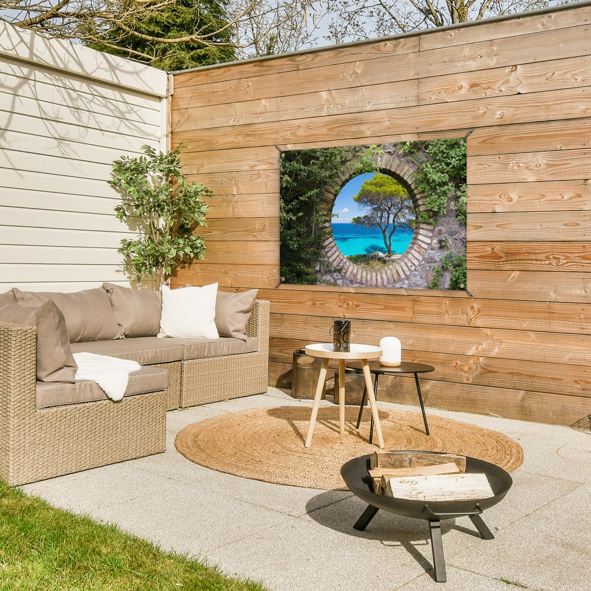 GARTENPOSTER Meer - Baum - Tropisch - Ausblick Gartendeko 90x60 cm - Graubraun, Kunststoff (90/60/0.2cm) - OnlyWow