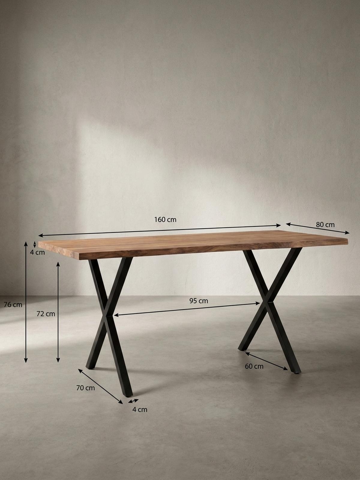 SCHREIBTISCH Massivholz X-Gestell Baumkante Handgefertigt KRETA, Goldbraun-Schwarz 160x80x76 cm - Schwarz/Braun, Holz/Metall (80/160/76cm) - KADIMA DESIGN