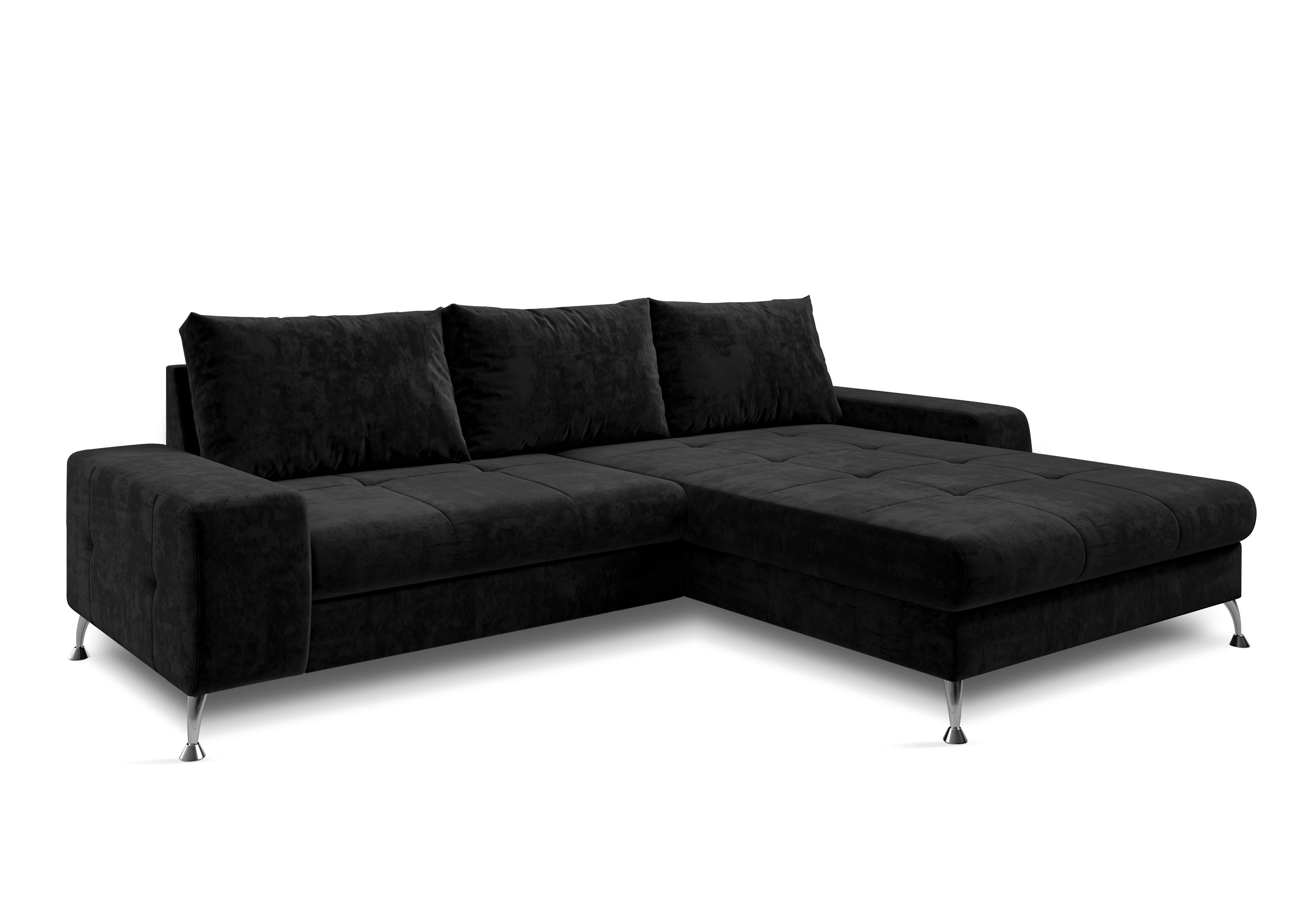 ECKSOFA L Form Artemia Schwarz Samt 275/192/81 cm – modernes Sofa fürs Wohnzimmer R - Silberfarben/Schwarz, Textil/Metall (275/192cm) - AX Living