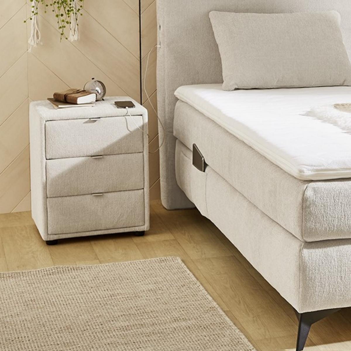BOXSPRINGBETT 160x200 cm, 7-Zonen-Tonnentaschen-Federkernmatratzen H3, Topper, Bonell-Federkern, Beleuchtung, USB-Ladeports, Chenille Beige / 20013 - Beige/Schwarz, Textil/Metall (160/200cm) - luma-home