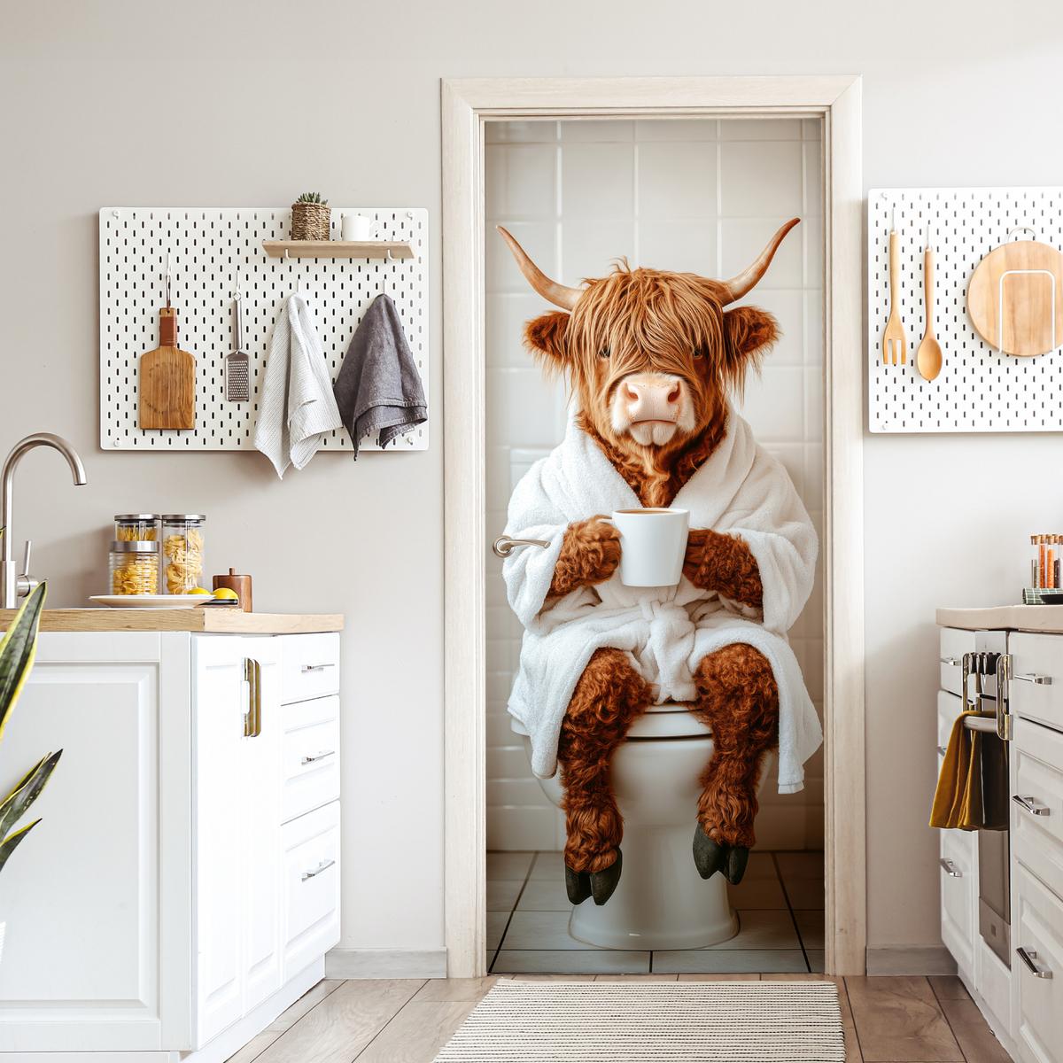TÜRAUFKLEBER Schottischer Highlander - WC - Bademantel - Modern - Tiere 90x215 cm - Türtapete - Kastanienfarben, Kunststoff (90/0.1cm) - MuchoWow