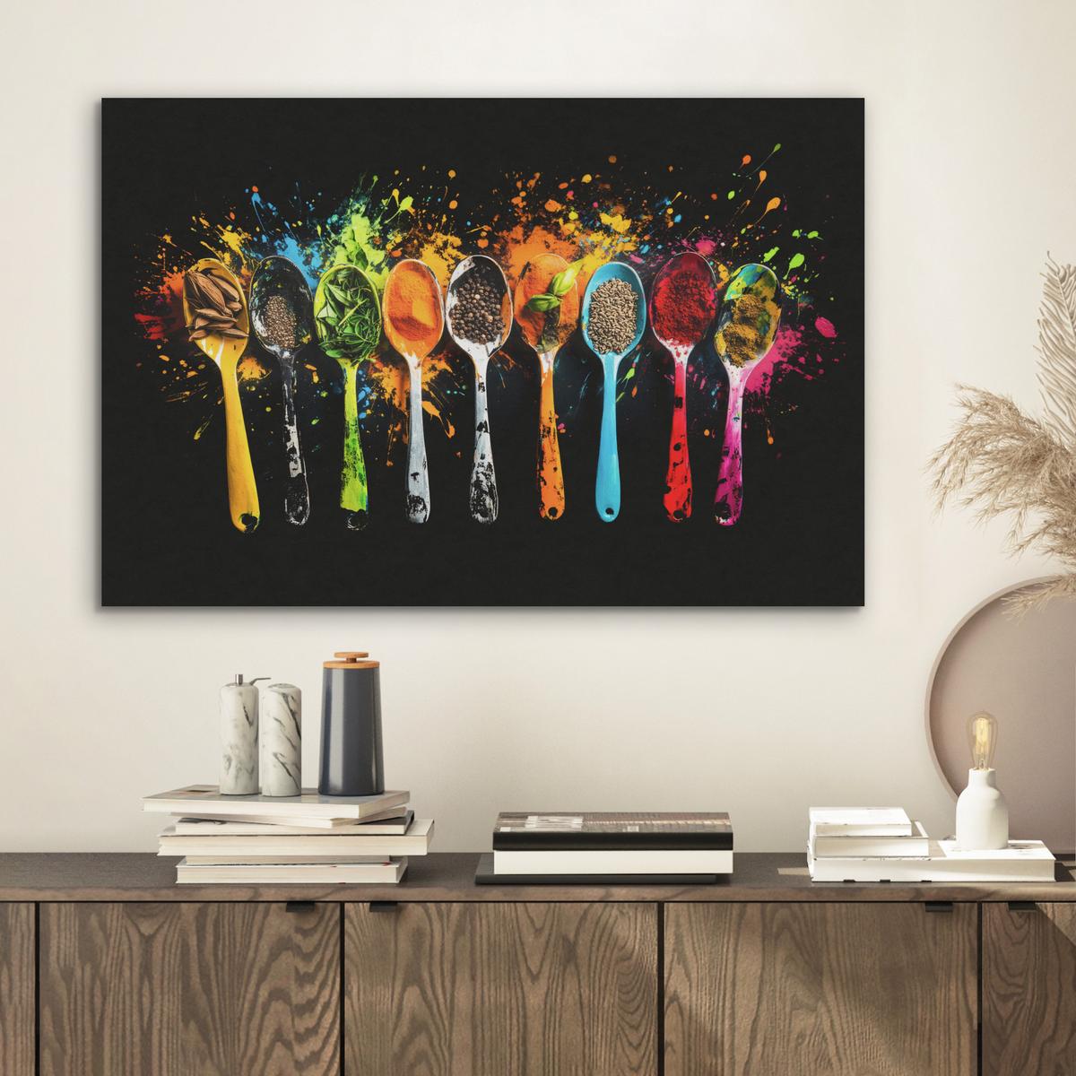 AKUSTIKBILD Löffel - Gewürze - Modern - Graffiti - Farbe - Farbenfroh Wanddeko 70x50 cm - Multicolor, Kunststoff (70/50/0.9cm) - MuchoWow