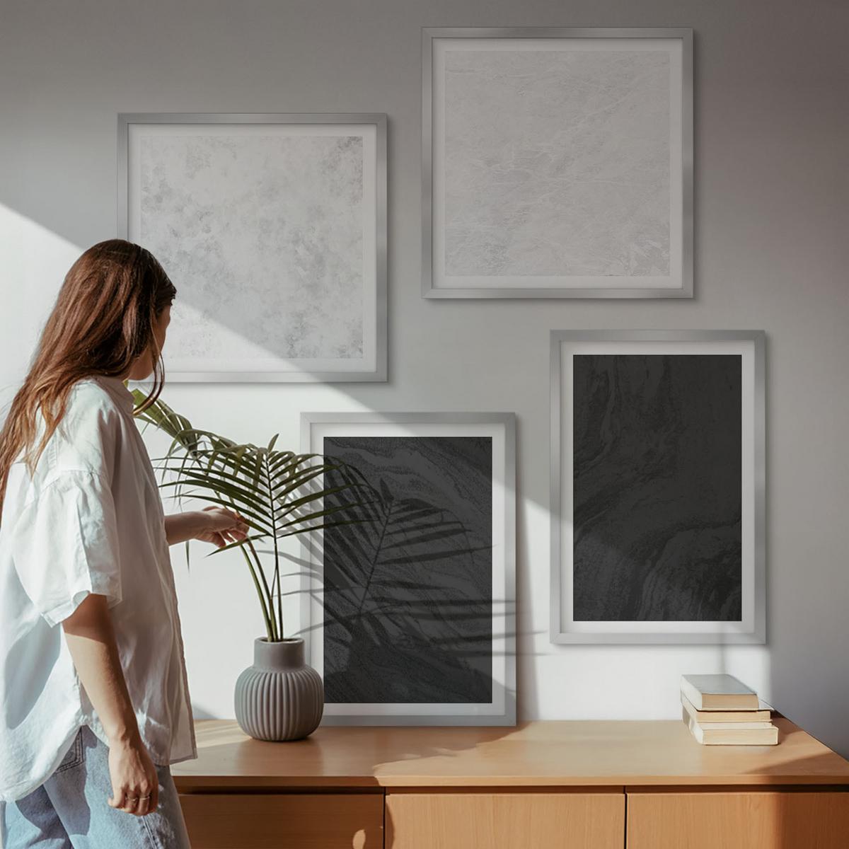 BILDER SET 4er Set - 50x50 cm & 40x60 cm Silberner Rahmen - Dunkles Licht, glamouröse Marmor - Silberfarben, Kunststoff (50/50cm) - TULUP