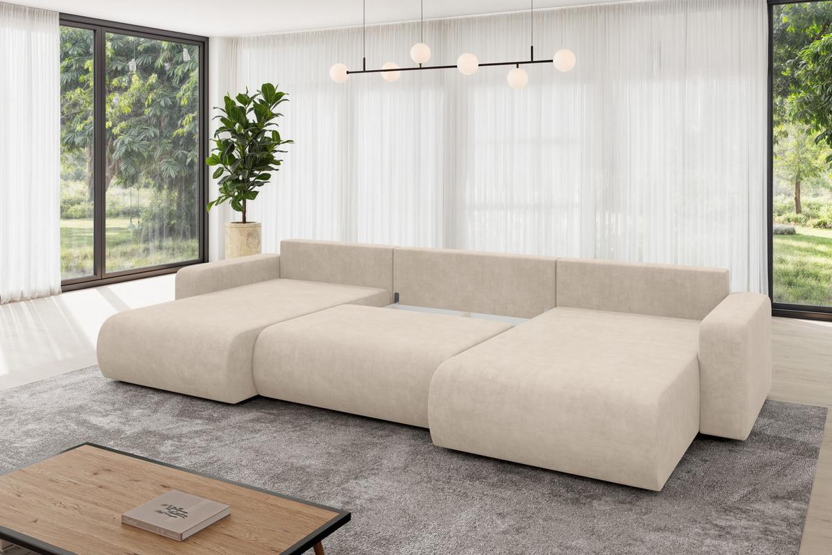WOHNLANDSCHAFT mit Schlaffunktion und Bettkasten BERY-U 377x193x88 Beige Velours - Schwarz/Sahara, Holzwerkstoff/Kunststoff (377/88/193cm) - ALTDECOR