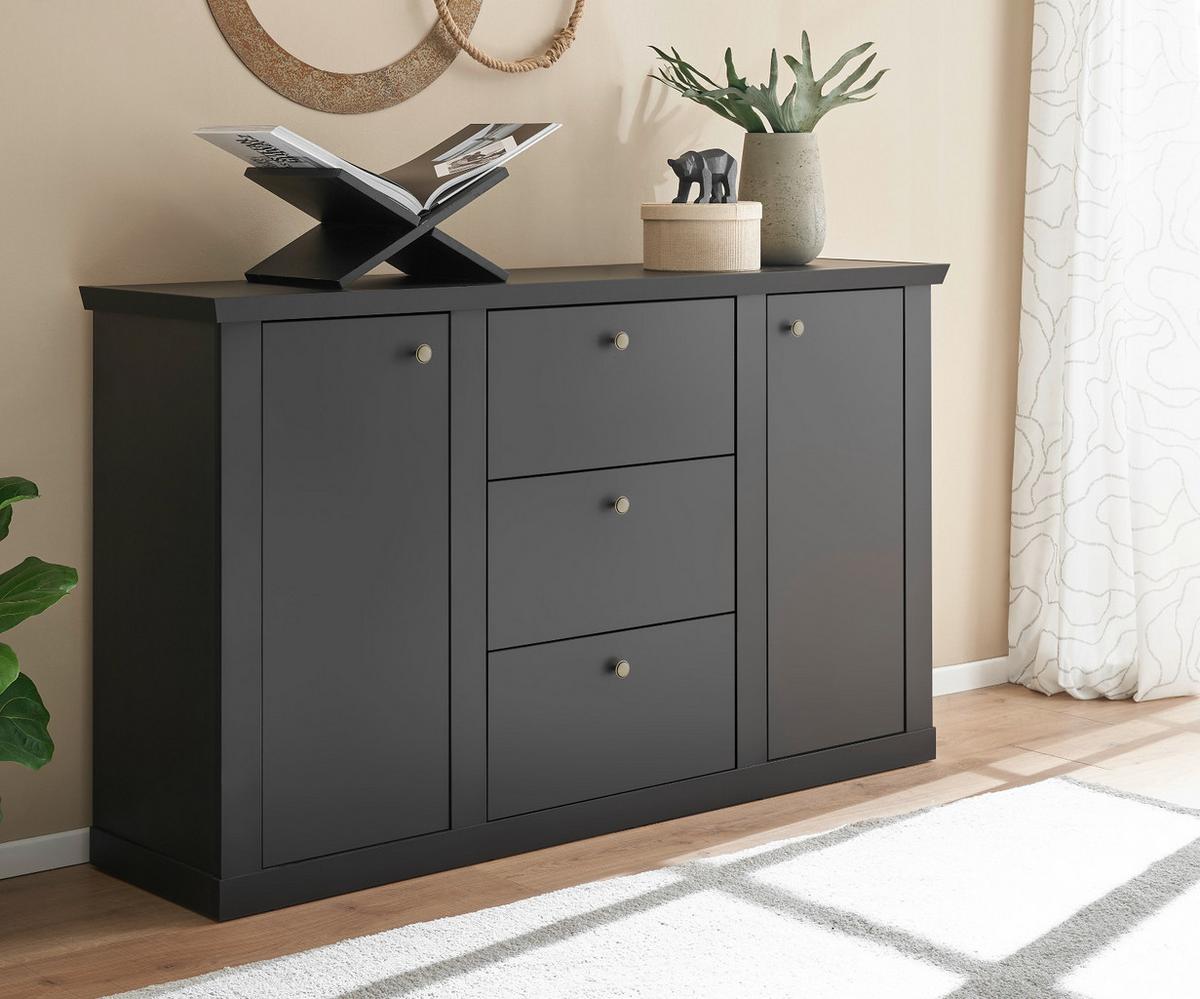 SIDEBOARD schwarz matt, Eiche Landhaus 158 cm, Kommode mit Soft-Close - Eichefarben/Messingfarben, Holzwerkstoff/Metall (158/92/42cm) - Furn.Design