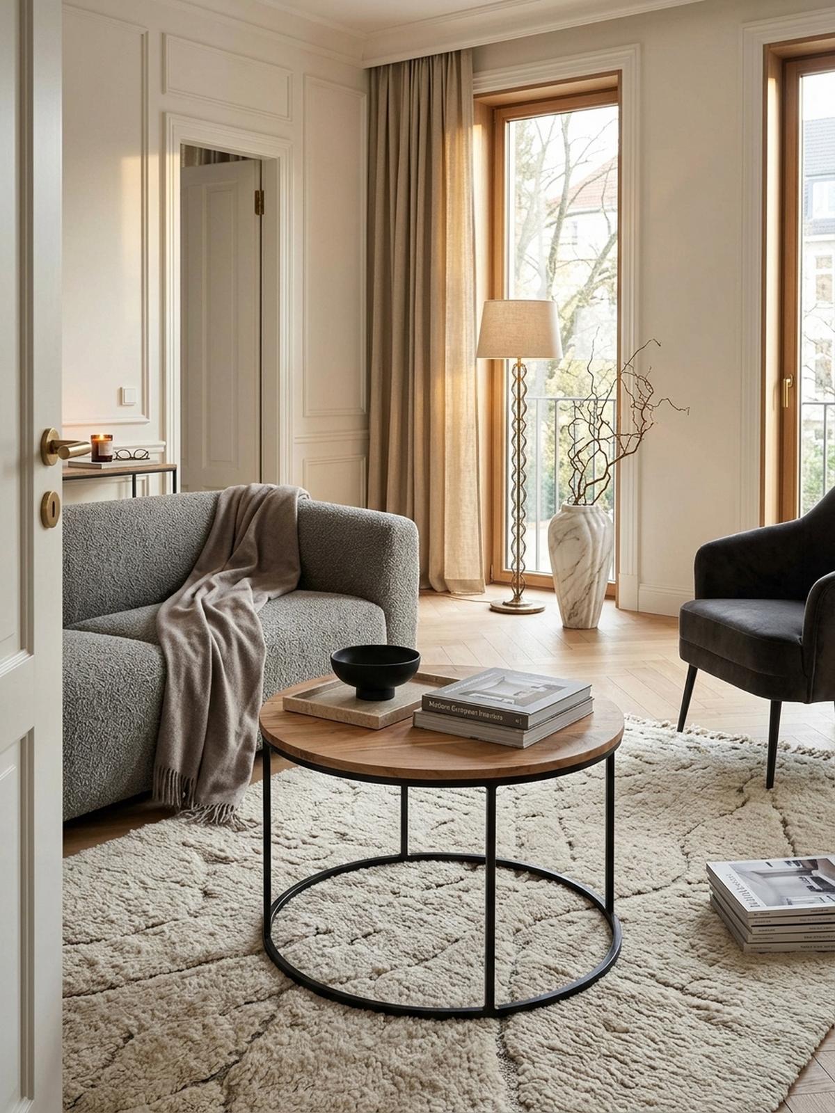 COUCHTISCH Naturholz mit stabiler Konstruktion und runder Ablage, Belastbarkeit 50 kg - Beige/Schwarz, Holz/Metall (60/60/43cm) - KADIMA DESIGN