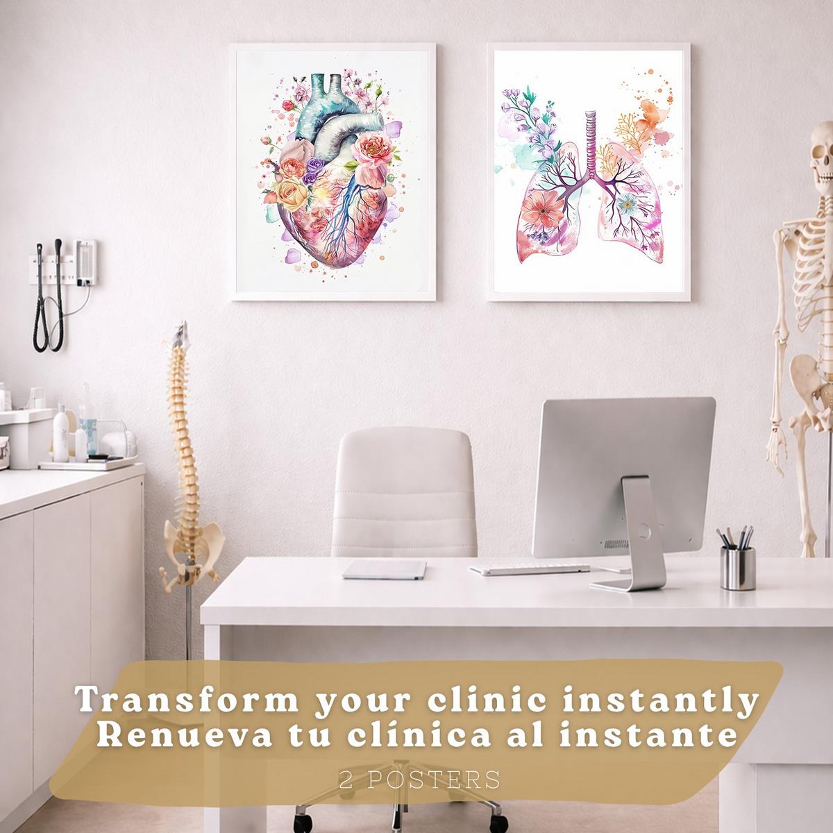 POSTER Set aus 2 Anatomie Mensch Drucke und Wandbilder mit Herz und Atmungssystem Floraler Stil Medizinische Wanddekoration Größe Weißer Rahmen A3 - Weiß, Papier (29.7/42/3cm) - Nacnic