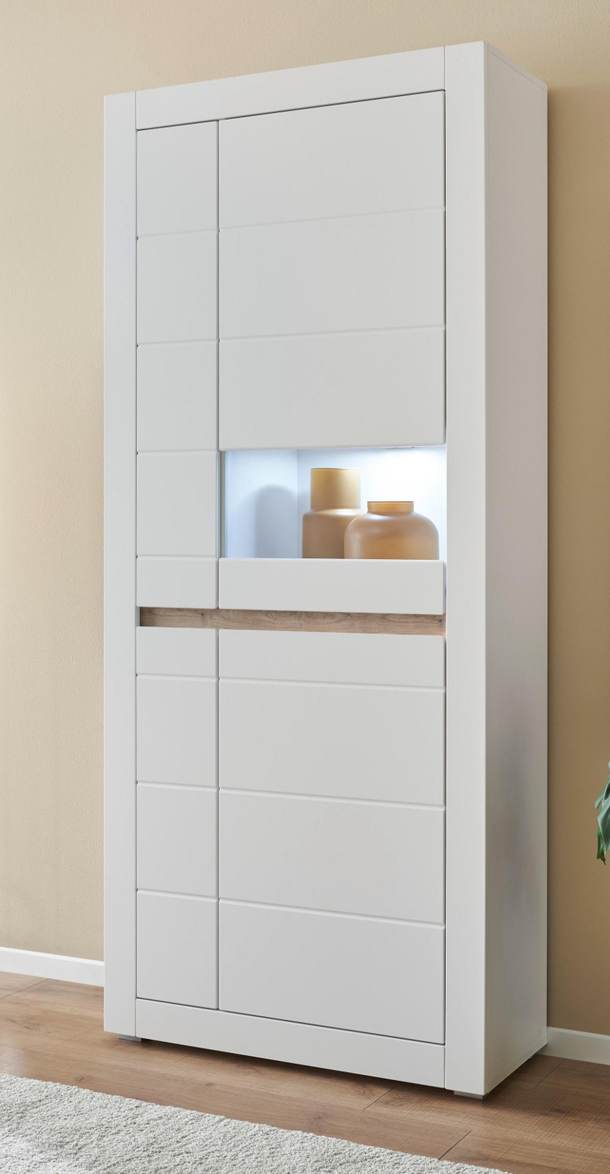 VITRINE weiß matt, Evoke Eiche, Vitrinenschrank 85 x 198 cm, Soft-Close-Funktion - Eichefarben/Silberfarben, Holzwerkstoff/Kunststoff (85/198/35cm) - Furn.Design