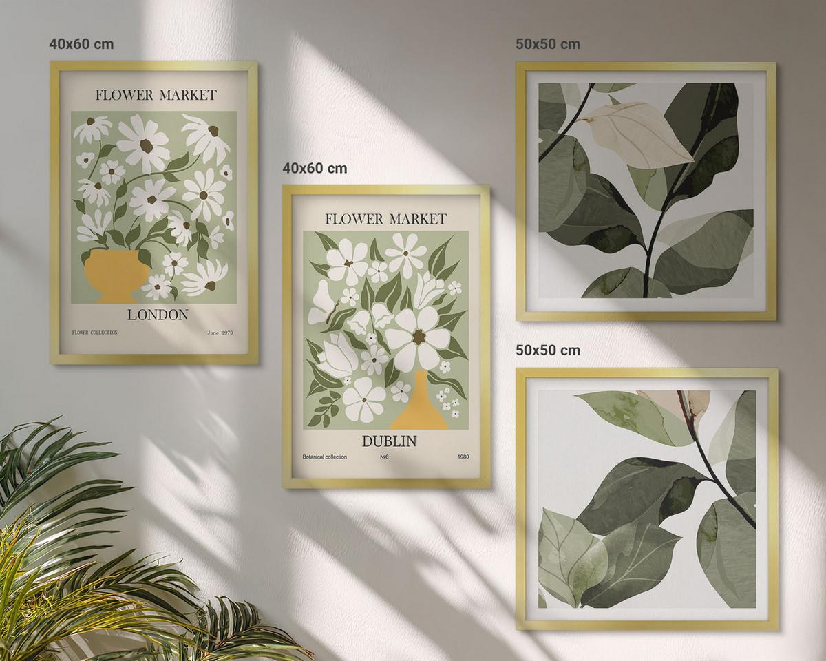 BILDER SET 4er Set - 50x50 cm & 40x60 cm Goldrahmen - Blumenmuster London Dublin - Goldfarben, Kunststoff (50/50cm) - TULUP