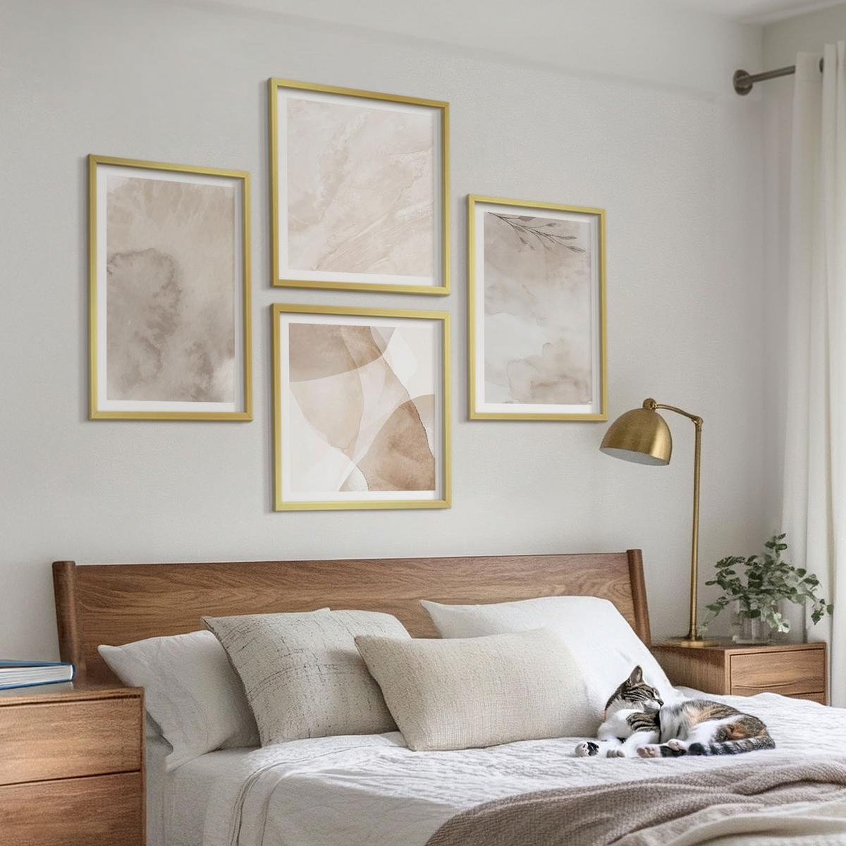 BILDER SET 4er Set - 50x50 cm & 40x60 cm Goldrahmen - Aquarellfarben, Boho-Texturen - Goldfarben, Kunststoff (50/50cm) - TULUP