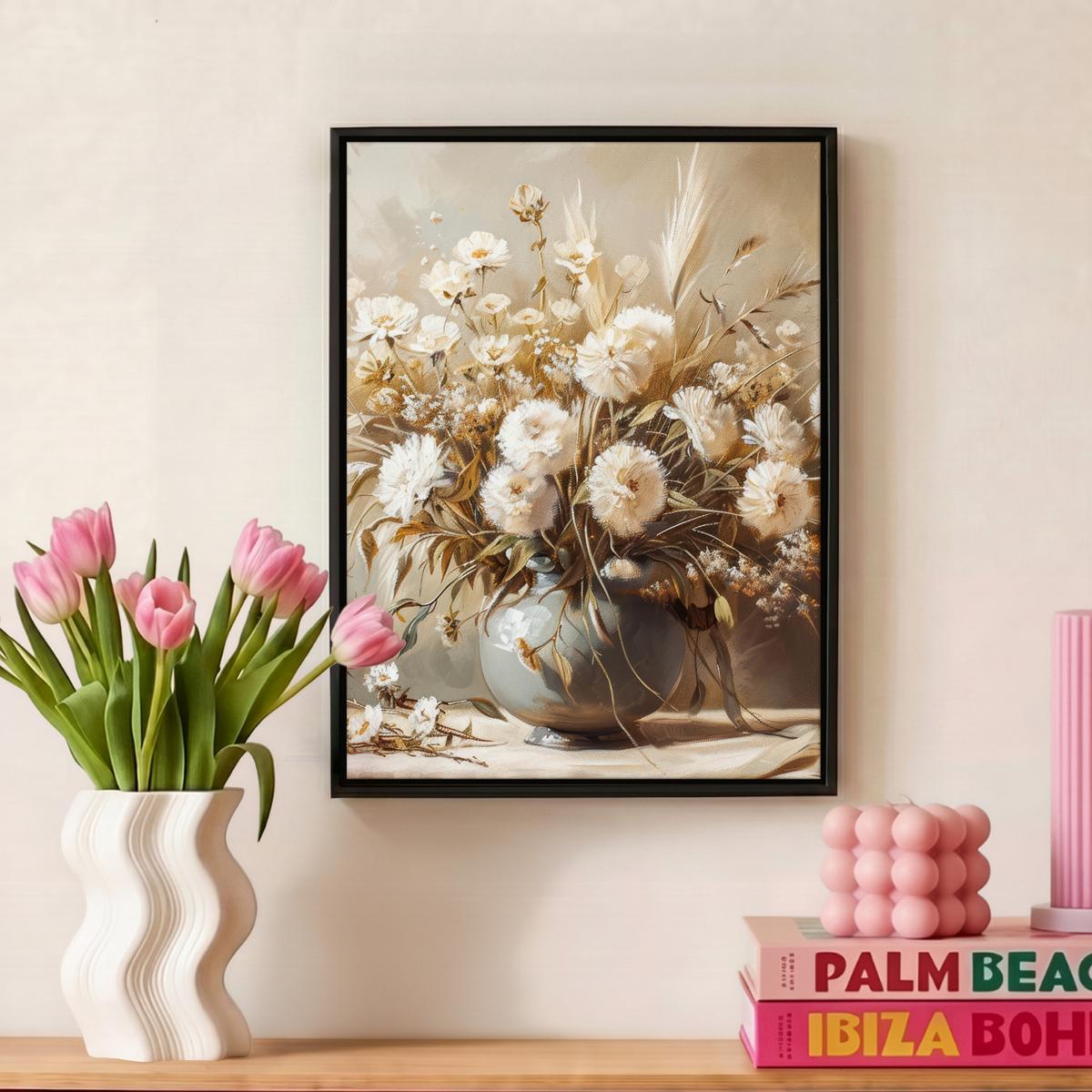LEINWAND Bilder mit Rahmen - Blumen - Vase - Stilleben - Beige - 30x40 - Creme, Textil (30/40cm) - MuchoWow