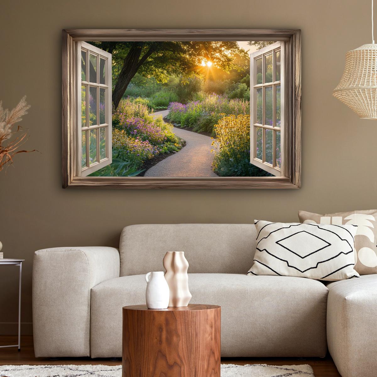 LEINWANDBILD Aussicht - Blumen - Natur - Sonne - Weg Wohnzimmer Groß 120x80 cm - Hellgelb, Textil (120/80cm) - MuchoWow