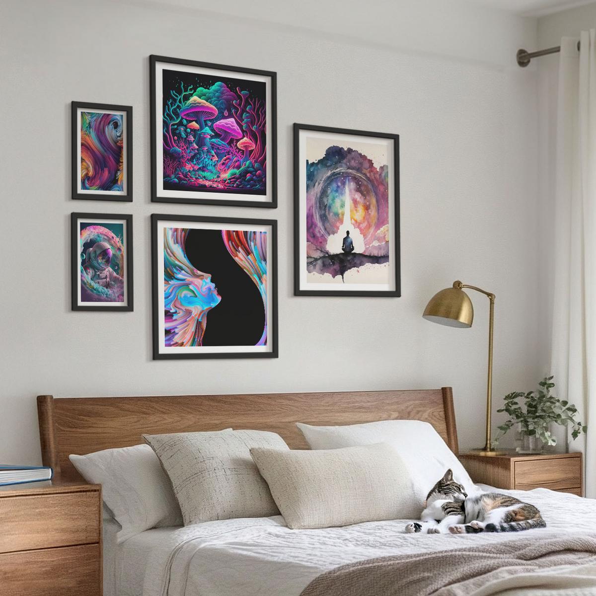 BILDER SET 5er Set - 50x50 cm & 20x30 cm & 40x60 cm Schwarzer Rahmen - Farbenfrohe Fantasy-Kunstillustrationen - Schwarz, Kunststoff (40/60cm) - TULUP