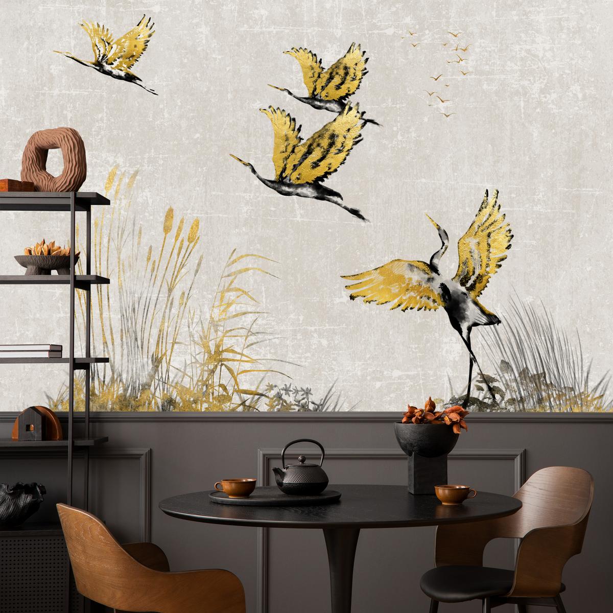 FOTOTAPETE Vögel Pflanzen Beton Abstraktion 250x175 - Gelb/Beige, Papier (250/175cm) - Muralo