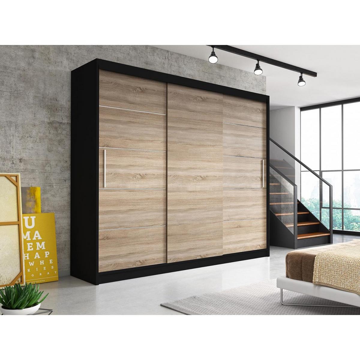 SCHWEBETÜRENSCHRANK Alba ohne Spiegel Schwarz/Sonoma Eiche, ohne LED Beleuchtung 250 cm - Alufarben/Schwarz, Holzwerkstoff/Metall (250/218/61cm) - imoebel24