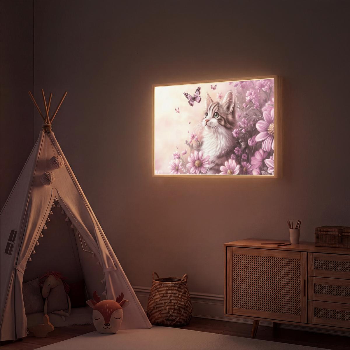 WANDLEUCHTE MIT AKKU Kätzchen - Blumen - Schmetterlinge - Lila 100x70 cm - Altrosa, Holzwerkstoff (100/70/8cm) - OnlyWow