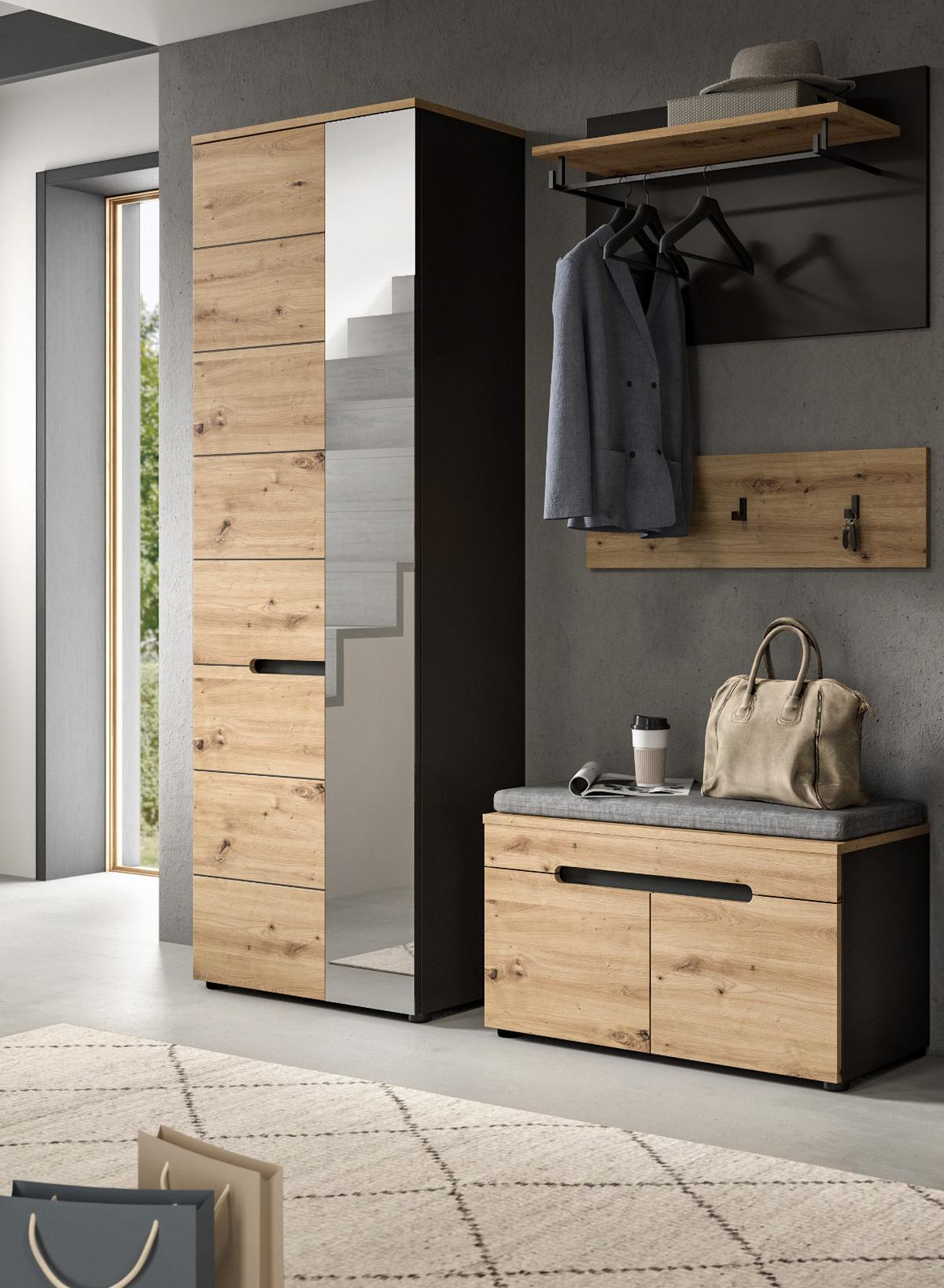 GARDEROBENSCHRANK Schuhschrank Eiche Artisan grau 65 cm mit Soft-Close - Schwarz/Eiche Artisan, Glas/Holz (65/190/37cm) - Inn.Furn