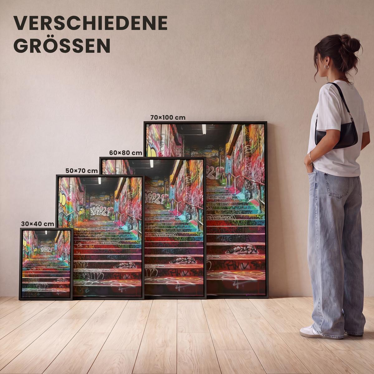 LEINWAND Bilder mit Rahmen - Treppe - Graffiti - Farben - Kunst - 30x40 - Multicolor, Textil (30/40cm) - MuchoWow