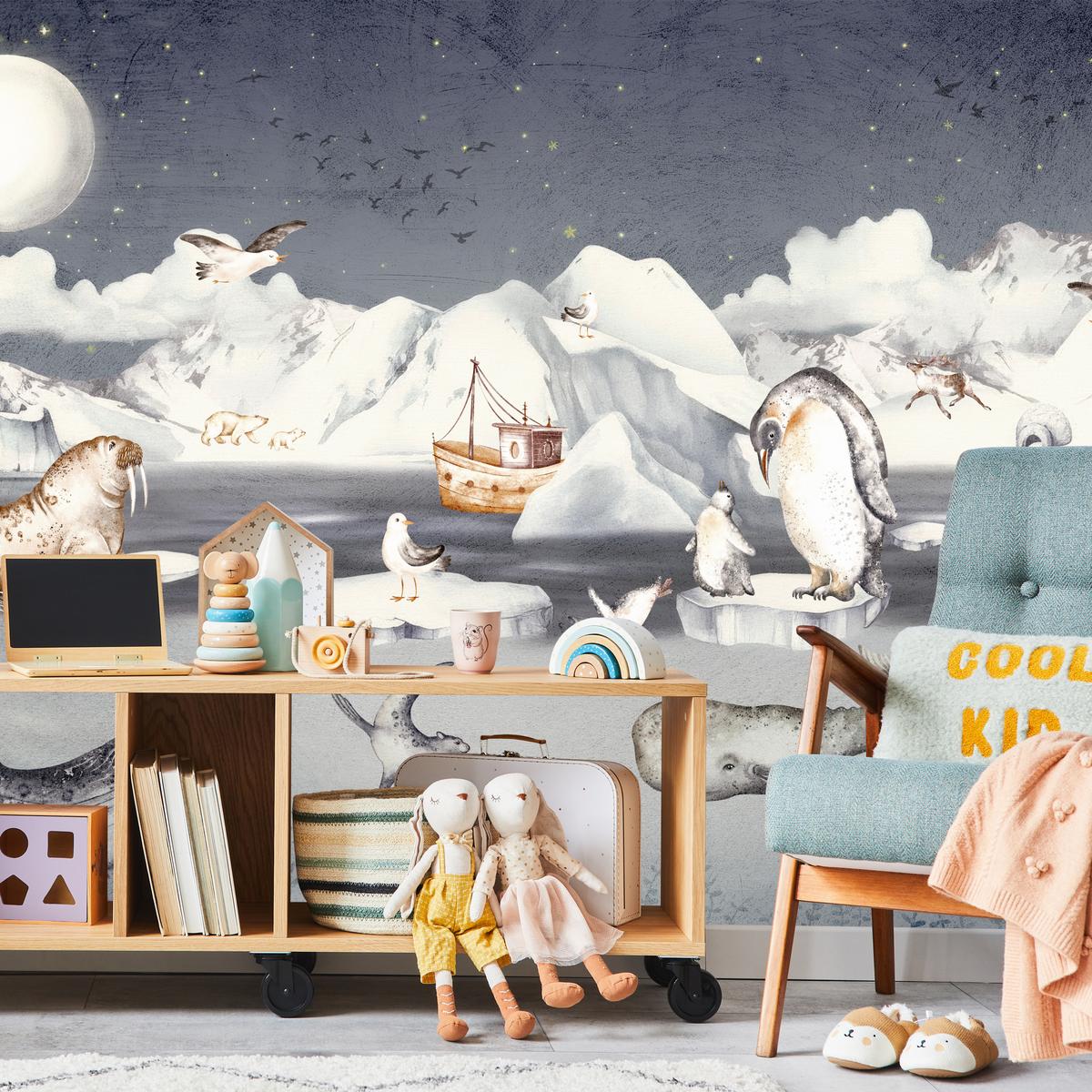 FOTOTAPETE für Kinderzimmer Arktische Tiere Pinguine Robben Mond Gebirge 500x350 - Orange/Weiß, Papier (500/350cm) - Muralo