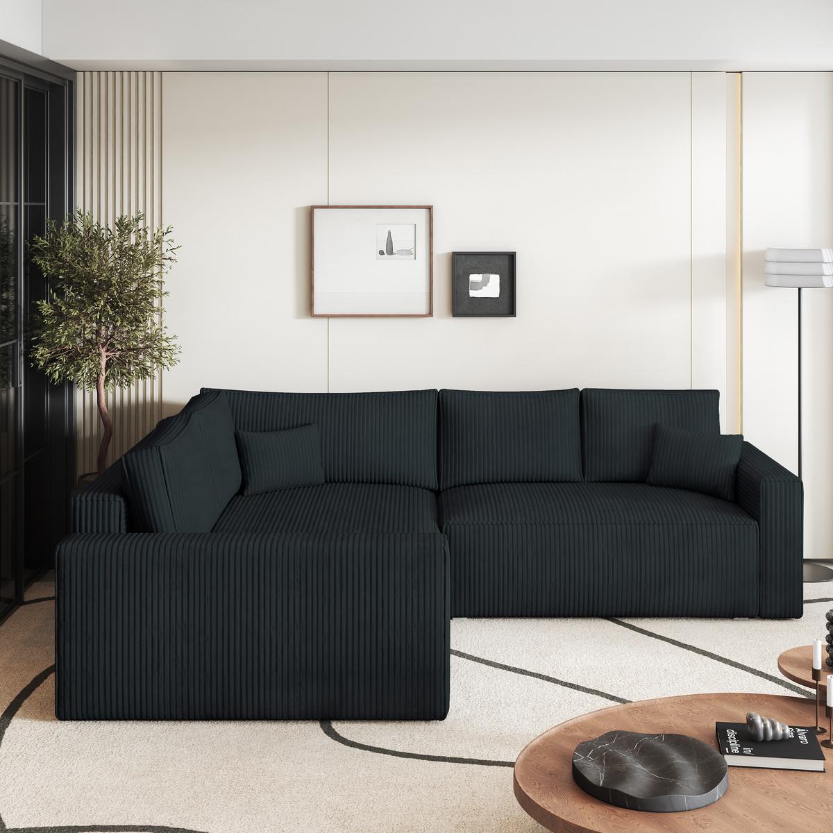 ECKSOFA ERONIS L-S Schwarz Kordstoff mit Schlaffunktion - Schwarz, Holz (265/194cm) - MASSENO