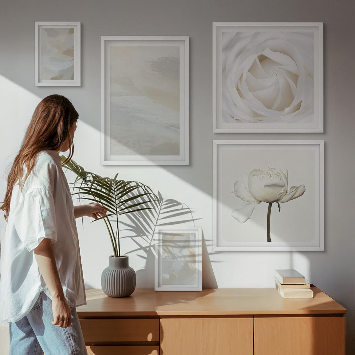 BILDER SET 5er Set - 50x50 cm & 20x30 cm & 40x60 cm Weißer Rahmen - Abstrakter Hintergrund mit feinen Strichen - Weiß, Kunststoff (40/60cm) - TULUP