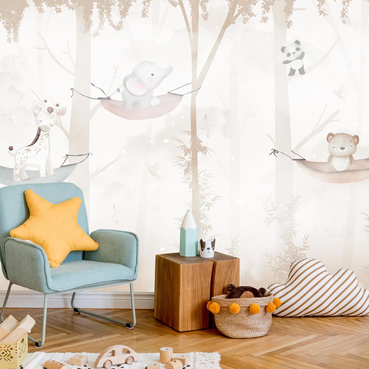 FOTOTAPETE für Kinderzimmer Tiere Hängematten WALD Elefant Giraffe 400x280 - Beige/Schwarz, Papier (400/280cm) - Muralo