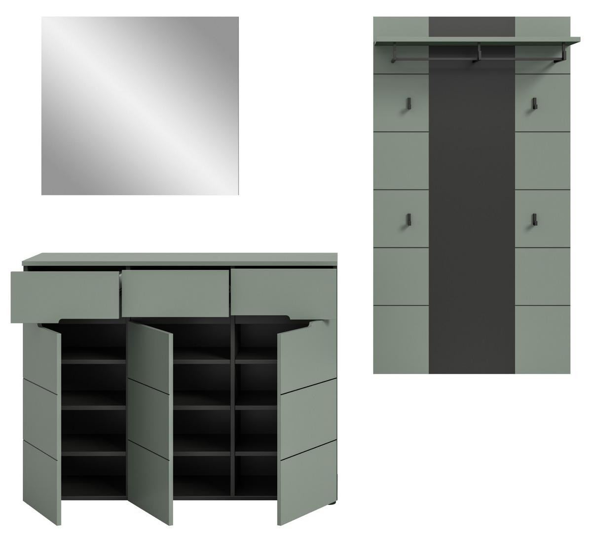 GARDEROBEN-SET 3-teilig Salbei grün, grau 215 cm, Komplettset mit Soft-Close-Funktion - Salbeigrün/Schwarz, Holzwerkstoff/Kunststoff (215/190/37cm) - Inn.Furn