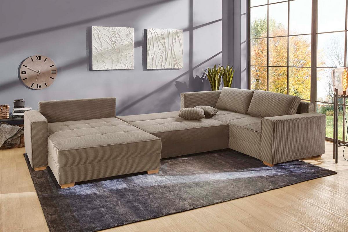 WOHNLANDSCHAFT Schlaffunktion Bettkasten Wellenunterfederung, spiegelverkehrt montierbar U-Form B379/T227/H86 cm, Cord Braun Taupe / 15197 - Eichefarben/Braun, Holz/Textil (379/86/227cm) - luma-home
