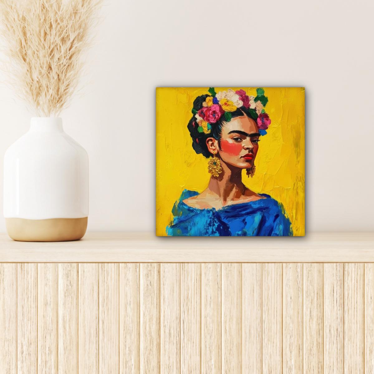 LEINWANDBILD Frida Kahlo - Frau - Gelb - Blau - Blumen Deko Wohnzimmer 20x20 cm - Gelb, Textil (20/20cm) - MuchoWow