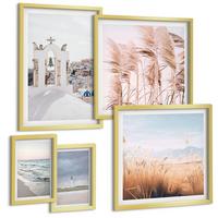 BILDER SET 5er Set - 50x50 cm & 20x30 cm & 40x60 cm Goldrahmen - Pflanzen, Meereswellen, Aussicht, Häuser - Goldfarben, Kunststoff (40/60cm) - TULUP