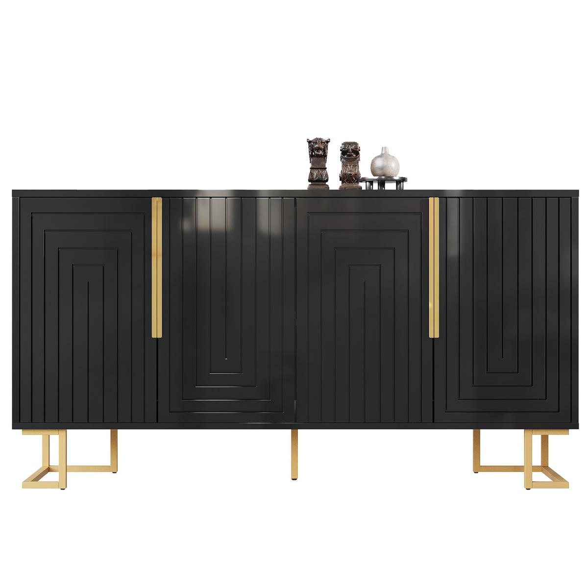 SIDEBOARD SCHWARZ & GOLD 152 CM MIT GEOMETRISCHEM RELIEF & 4 FÄCHERN - Schwarz, Holzwerkstoff (152/75/40cm) - Urban Meuble