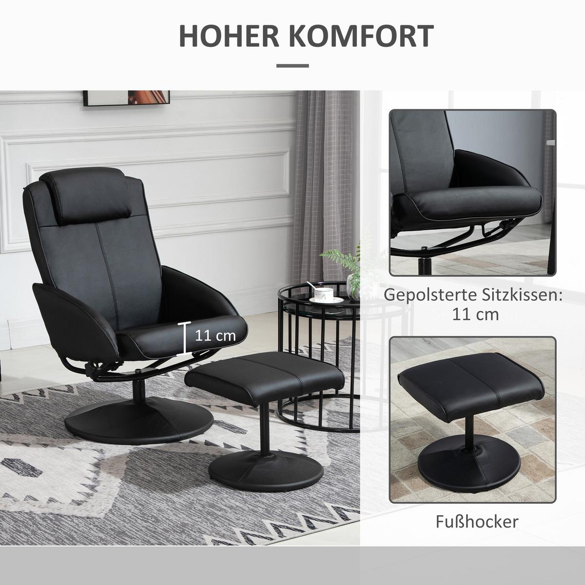 RELAXSESSEL Sessel Fernsehsessel mit Fußstütze Armsessel 360° drehbar Schwarz - Schwarz, Leder/Kunststoff (67/98/78cm) - HOMCOM
