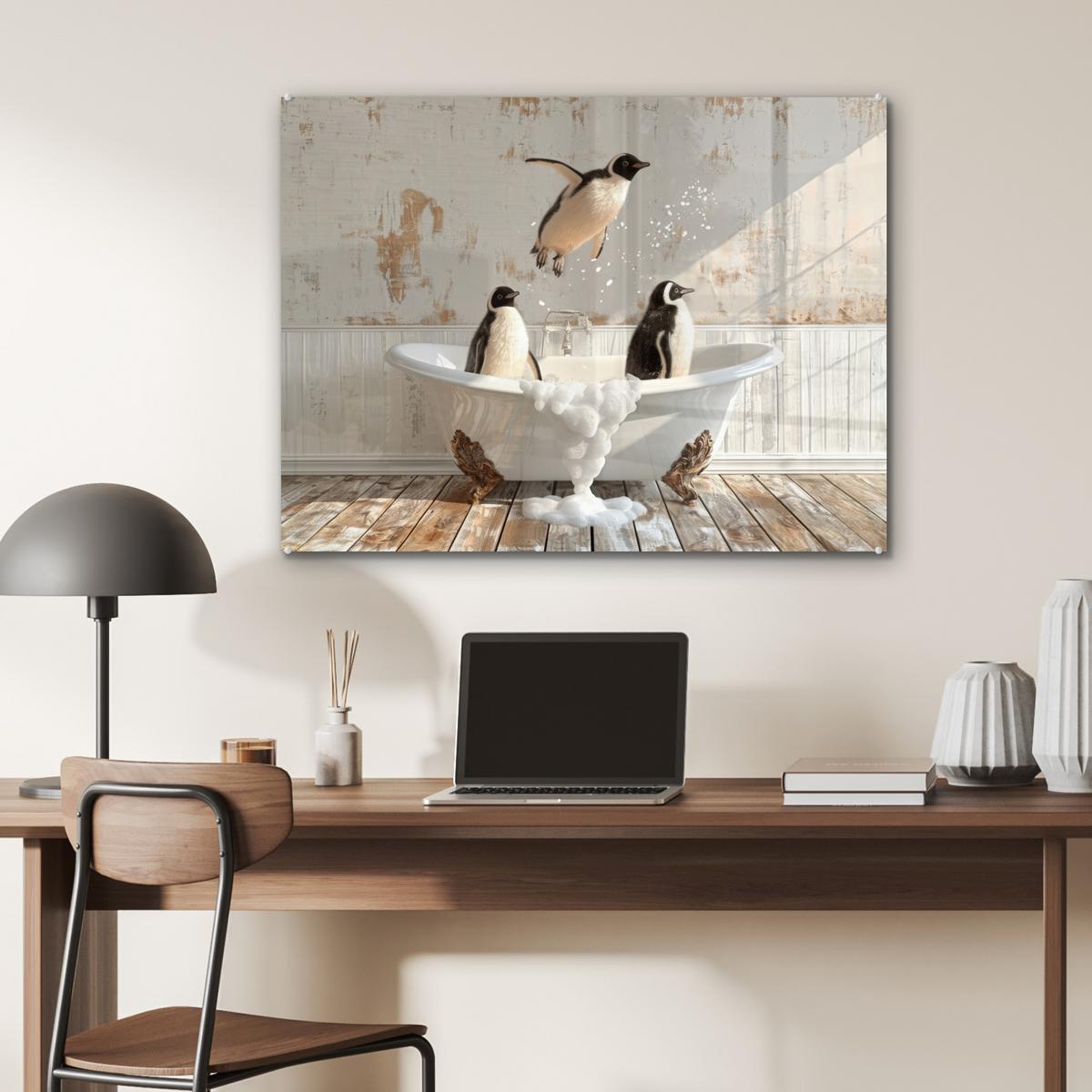 ACRYLGLASBILD Vintage - Pinguin - Badewanne - Schaumstoff 80x60 cm - Schwarz, Glas (80/60cm) - MuchoWow