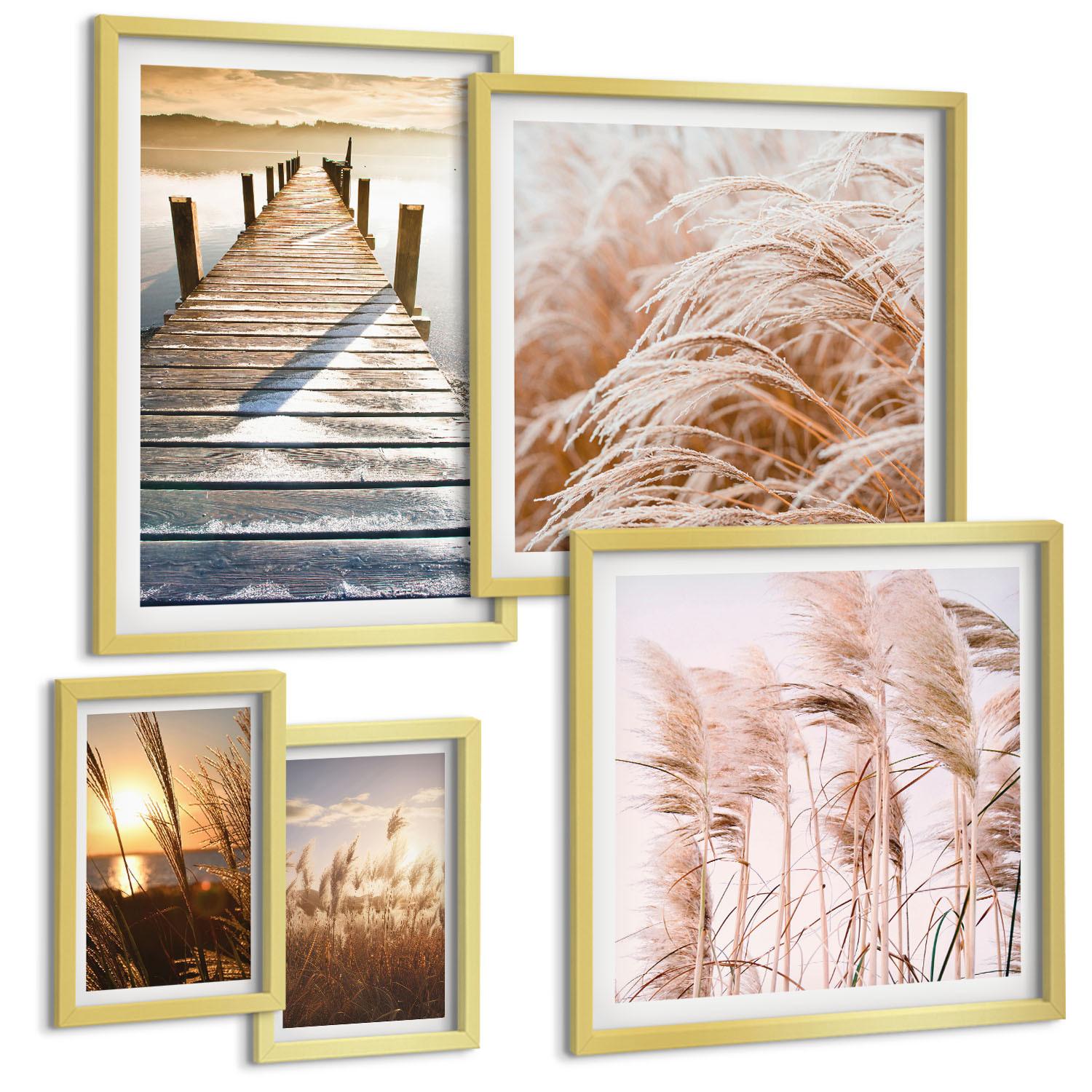 BILDER SET 5er Set - 50x50 cm & 20x30 cm & 40x60 cm Goldrahmen - Boho-Grasfeld-Sonnenuntergang - Goldfarben, Kunststoff (40/60cm) - TULUP
