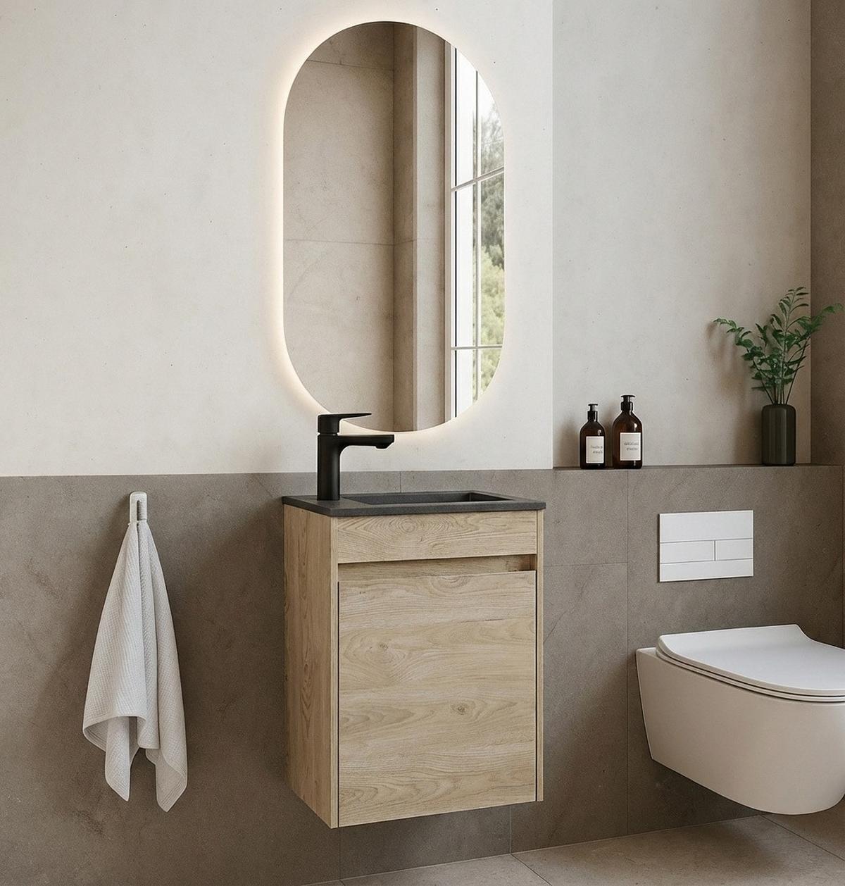 GÄSTE-WC-MÖBELSET Sinta 2 Teile Kastanien Eiche / Schwarzes Waschbecken - 40 x 22 x 54 cm - Eichefarben, Holz (40/54/22cm) - Badplaats