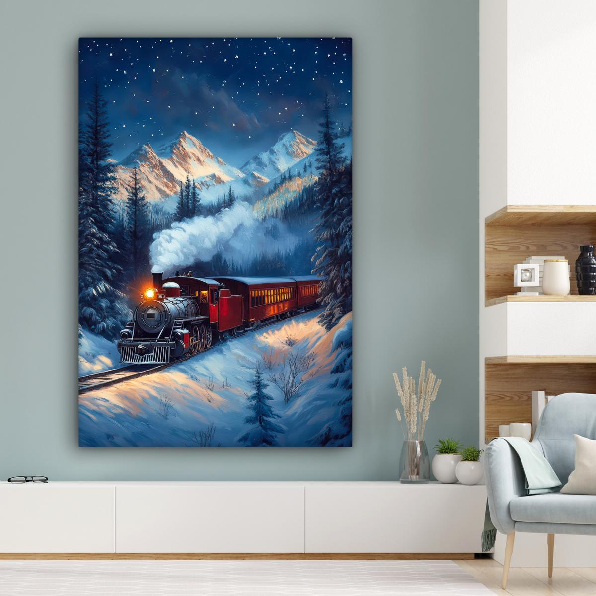 LEINWANDBILD Zug - Weihnachten - Schnee - Weihnachtszug Deko Groß 90x140 cm - Anthrazit, Textil (90/140cm) - MuchoWow