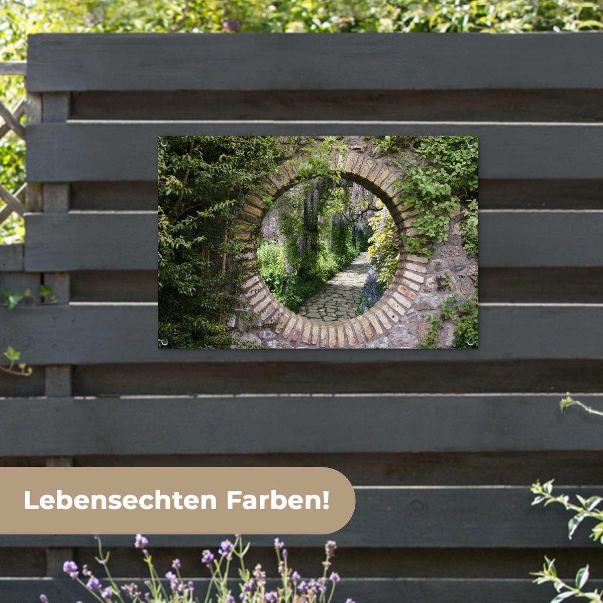 GARTENPOSTER Wald - Steine - Durchblick - Pfad - Glyzinie Gartendeko 90x60 cm - Graubraun, Kunststoff (90/60/0.2cm) - OnlyWow