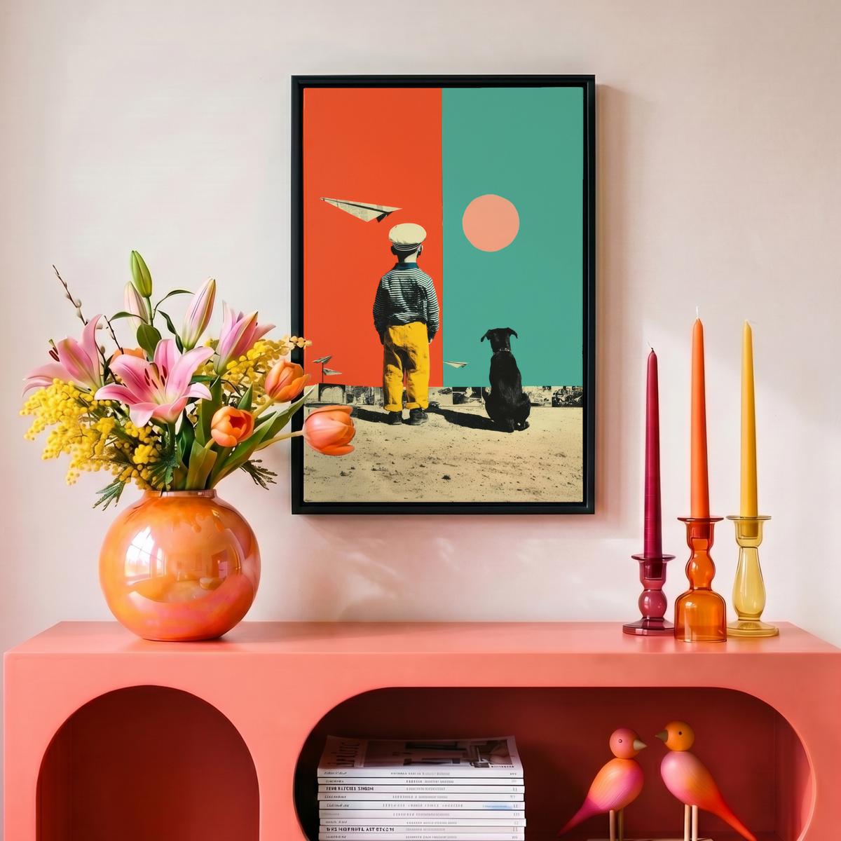 LEINWAND Bilder mit Rahmen - Retro - Junge - Hund - Rot - Grün - 20x30 - Orange, Textil (20/30cm) - MuchoWow