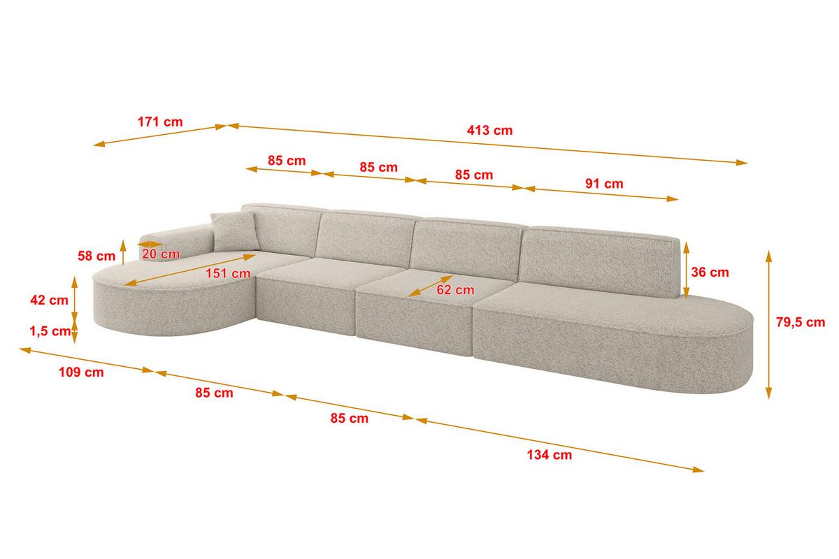 ECKSOFA Ottomane Links MARI-L3 - 413x171x79 cm Beige Tissu - Beige/Schwarz, Holzwerkstoff/Kunststoff (413/171cm) - ALTDECOR